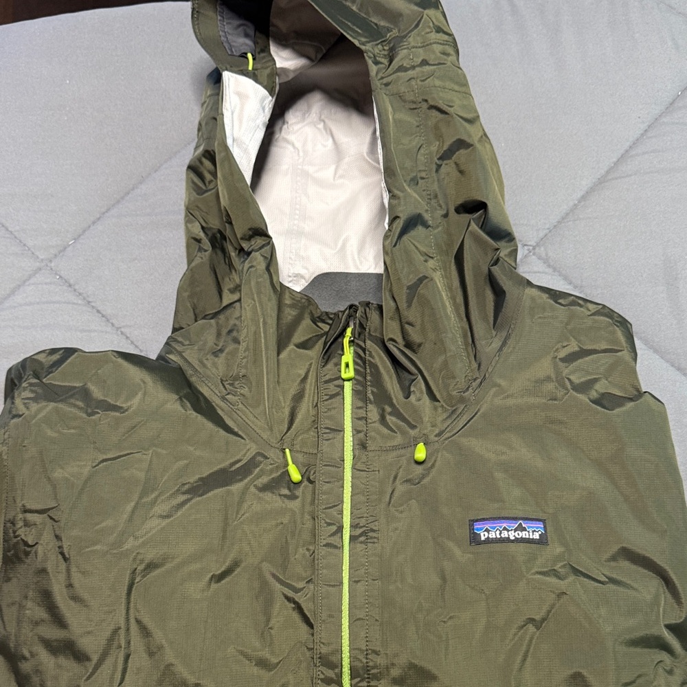 Patagonia Olive Hooded Jacket with Neon Highlights